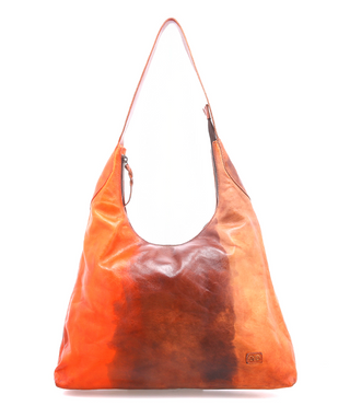 A leather hobo shoulder bag with a distressed orange and brown color gradient, featuring a single shoulder strap and a small embossed logo on the bottom right corner BED|STU