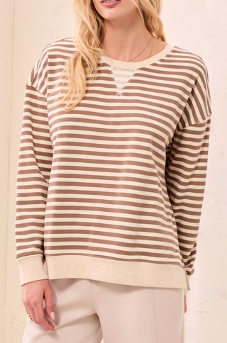 taupe and cream striped crewneck with small side slits