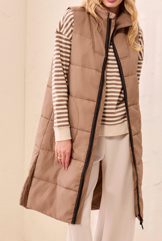 LONG TAUPE BROWN QUILTED VEST, FULL ZIP FRONT 