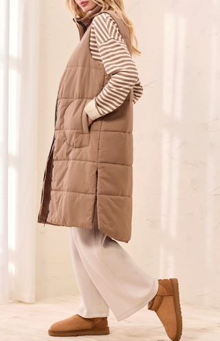 LONG QUILTED TAUPE VEST
