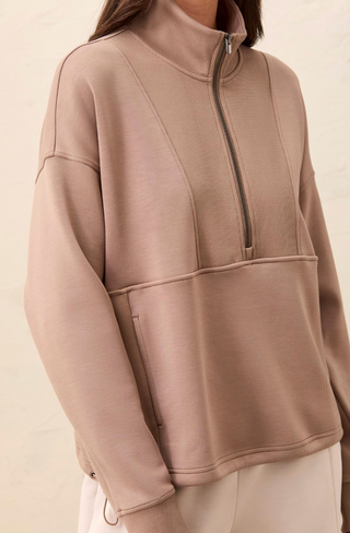 TAUPE HALF ZIP ELEVATED CREWNECK WITH DRAWSTRING BOTTOM