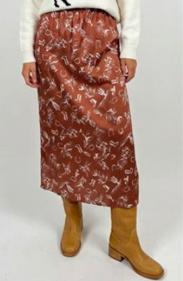 BROWN AND CREAM WESTERN PRINT SATIN STYLE SKIRT, ANKLE LENGTH