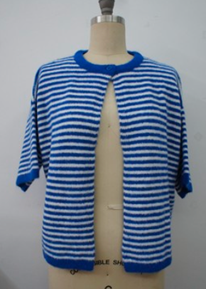 BLUE & WHITE STRIPED SHORT SLEEVE CARDIGAN WITH BUTTON TOP