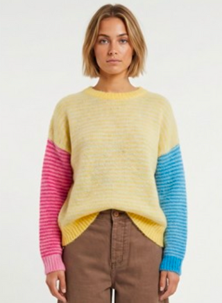 STRIPED COLORBLOCKED SWEATER, YELLOW PINK AND BLUE 