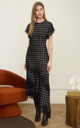 BLACK AND WHITE POLKA DOT DRESS WITH LACE ACCENTS 