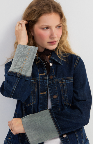 DARK BLUE DENIM TRUCKER JACKET WITH LARGE CUFFED SLEEVES 