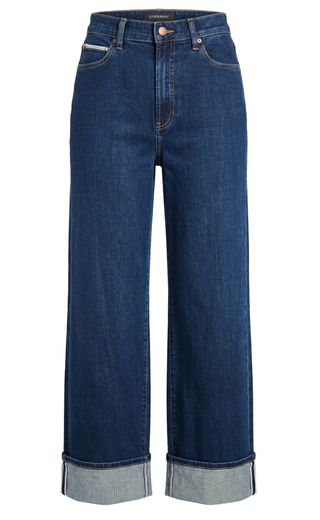 Dark blue cropped wide-leg denim jeans with rolled cuffs and a button fly, SELVEDGE DENIM, 30' INSEAM