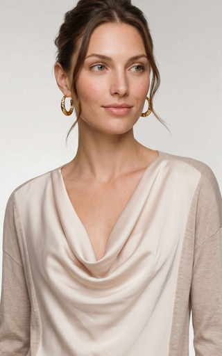LONG SLEEVE DRAPE NECK, WOEN SWEATER HYBRID TOP IN CHAMPAGNE COLOR 