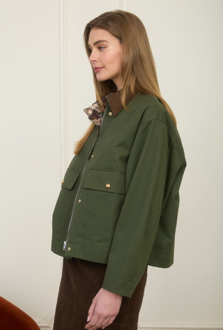 OLIVE UTILITY JACKET, BUTTON UP, BROWN COLLAR, PLAID LINING