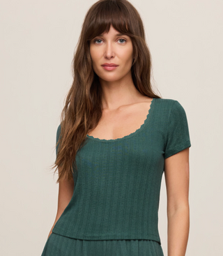 DARK GREEN LOUNGE TOP, RIBBED SHIRT WITH SCALLOPED NECKLINE