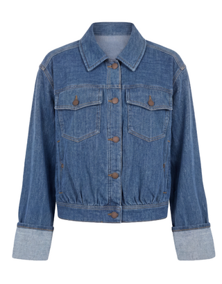 A classic blue denim jacket with a button-up front, two chest flap pockets, and rolled cuffs showing a lighter heather blue lining