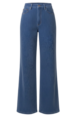 A pair of medium-wash blue denim wide-leg jeans 