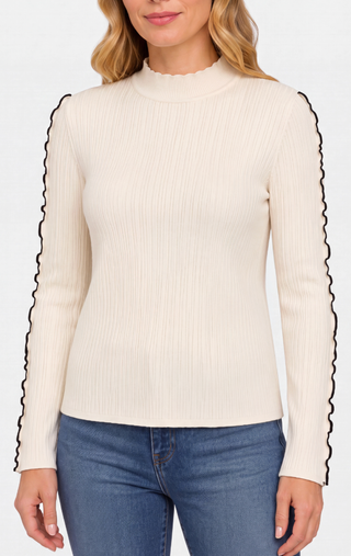 CREAM RIBBED MOCK NECK SWEATER WITH BLACK ACCENTS ON ARMS