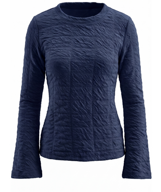 A women's long-sleeve top in navy blue, featuring a unique crinkled or crisscross quilted texture