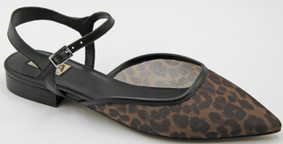 A pointed-toe flat MESH SHOE with a black ankle strap and a brown leopard-print upper