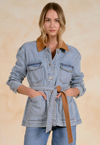 LIGHT BLUE DENIM JACKET, LONGER, WITH SUEDE COLLAR AND TIE BELT 