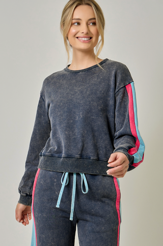 NAVY COLORBLOCK SWEATSHIRT WITH LIGHT BLUE AND PINK STRIPES, WASHED NAVY FABRIC 