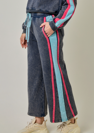 NAVY COLORBLOCK SWEATPANTS WITH LIGHT BLUE AND PINK STRIPES, WASHED NAVY FABRIC 