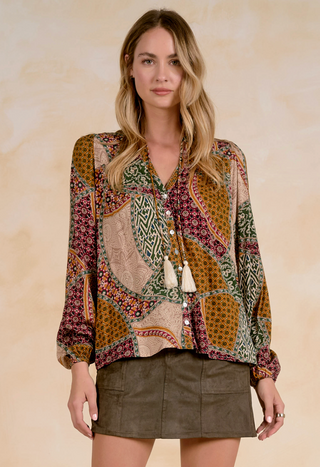 LONG SLEEVE BOHO STYLE BUTTON DOWN BLOUSE WITH TASSELS 