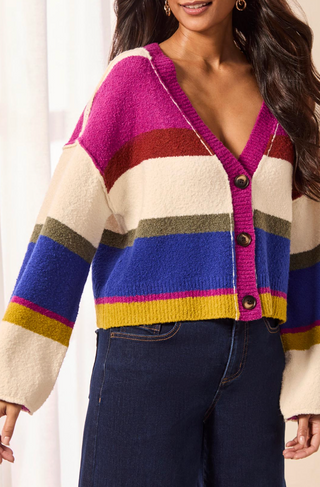 STRIPED/COLOR BLOCKED BUTTON DOWN CARDIGAN 
