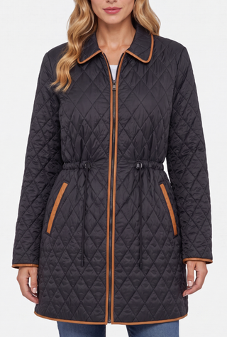 BLACK QUILTED PUFF JACKET WITH BROWN ACCENTS, CINCHED WAIST