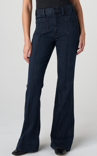 DARK DENIM FLARE WITH 32 INSEAM, PATCH POCKETS 