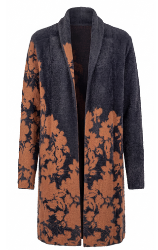 BURNT ORANGE AND BLACK FLORAL SWEATER COAT, OPEN FRONT 