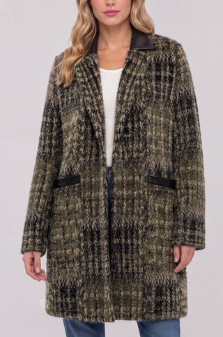 OLIVE GREEN AND BLACK PLAID SWEATER COAT, ZIP FRONT 