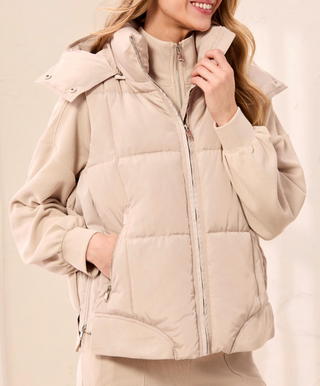 light beige puffer jacket with a high collar and front zipper, REMOVEABLE HOOD