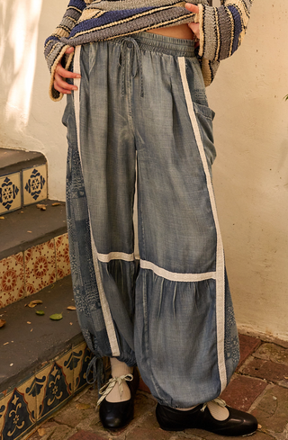 PATCH STYLE CHAMBRAY DRAWSTRING PULL ON PANTS WITH BALLON HEM 