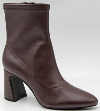 A dark BURGUNDY leather ankle boot with a pointed toe and a chunky block heel