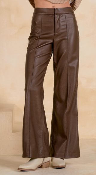 high-waisted, wide-leg brown faux-leather pants with a front button closurE