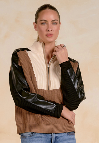 color-block knit zip-up sweater vest with black faux-leather sleeves, featuring beige, brown, and cream panels