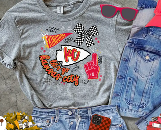 gray collage KC football graphic tee- with lets go kansas city 