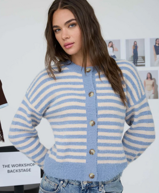 LIGHT BLUE AND WHITE FUZZY STRIPED CARDIGAN 