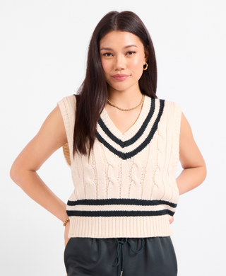 CREAM SWEATER VEST WITH DARK GREEN STRIPES 