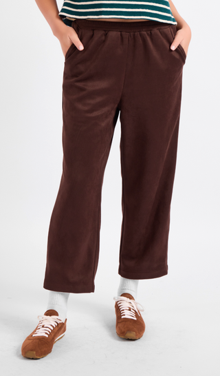 DARK BROWN FAUX SUEDE PULL ON PANTS, CROPPED 