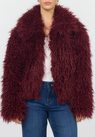 FIG/ BURGUNDY FAUX FUR FUZZY JACKET, SUEDE LINED 