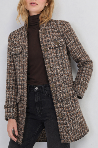 TAUPE MULTICOLORED TWEED MANDARIN COLLAR COAT 
