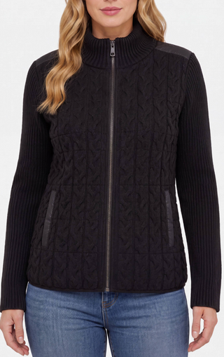 black cable-knit zip-front jacket with ribbed long sleeves, SWEATER JACKET 