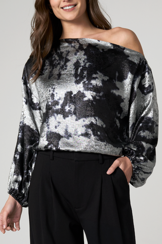 BLACK AND SILVER METALLIC OFF THE SHOULDER LONG SLEEVE BLOUSE 