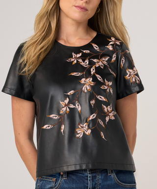 BLACK FAUX LEATHER TEE WITH EMBROIDERED FLOWERS 