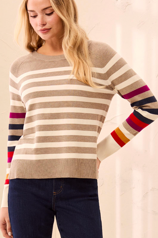 BEIGE AND CREAM STRIPED SWEATER WITH MULTI COLOR STRIPES ON THE SLEEVES 