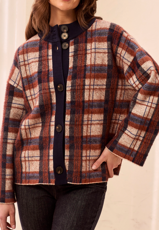 PLAID CARDIGAN SWEATER JACKET WITH BUTTON UP FRONT 