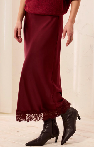 LONG BURGUNDY SATIN SKIRT WITH LACE EDGE