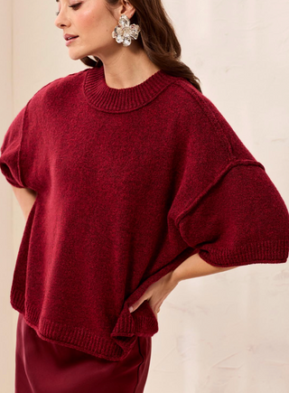 BURGUNDY KNIT DOLMAN 3/4 SLEEVE OVERSIZED SWEATER