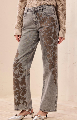 GRAY DENIM WITH FLORAL FLAIR, STRAIGHT LEG 