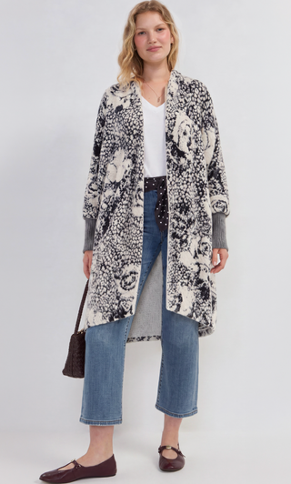 LONG OPEN FRONT CARDIGAN WITH IVORY AND BLACK FLORAL PRINT 