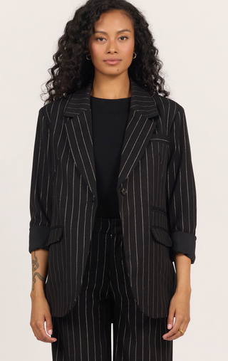 black pinstriped blazer with one button closure 