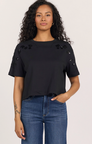 BLACK BEADED FLORAL TSHIRT